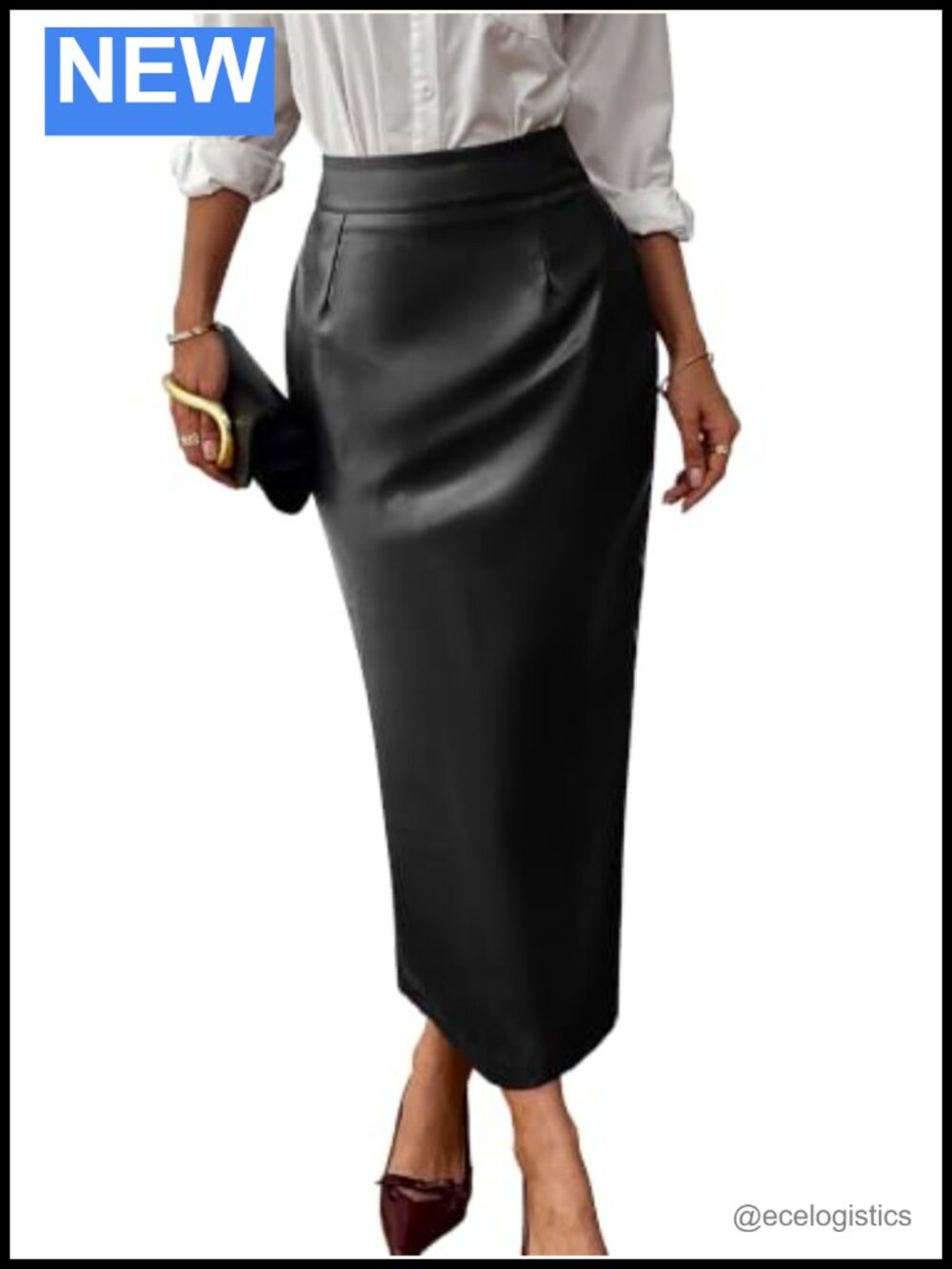 Stretch Pencil Midi Skirt with Pockets Faux Leather